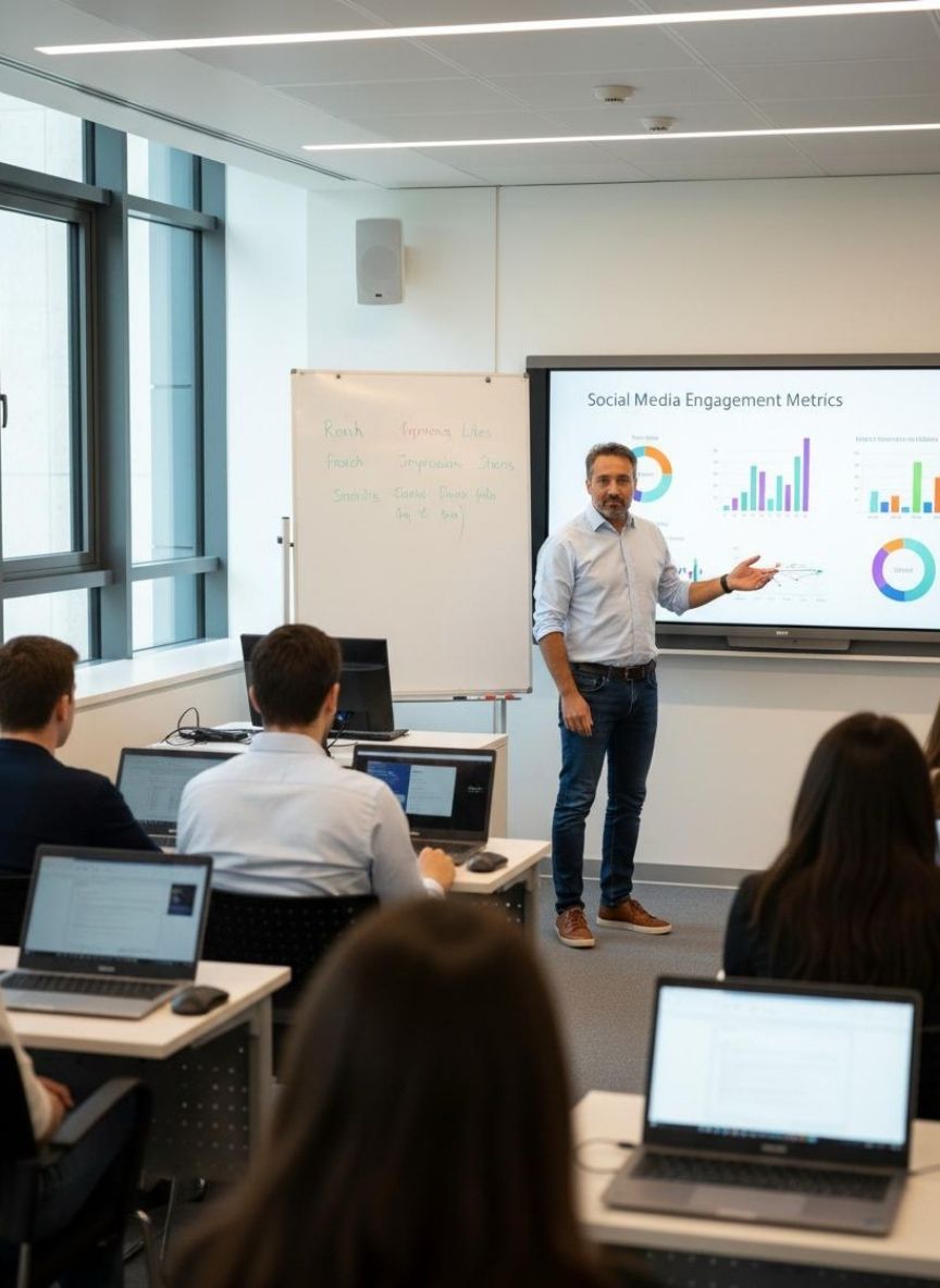 Óscar San Emeterio impartiendo una sesión de formación en fundamentos de inteligencia artificial ante un grupo de estudiantes.